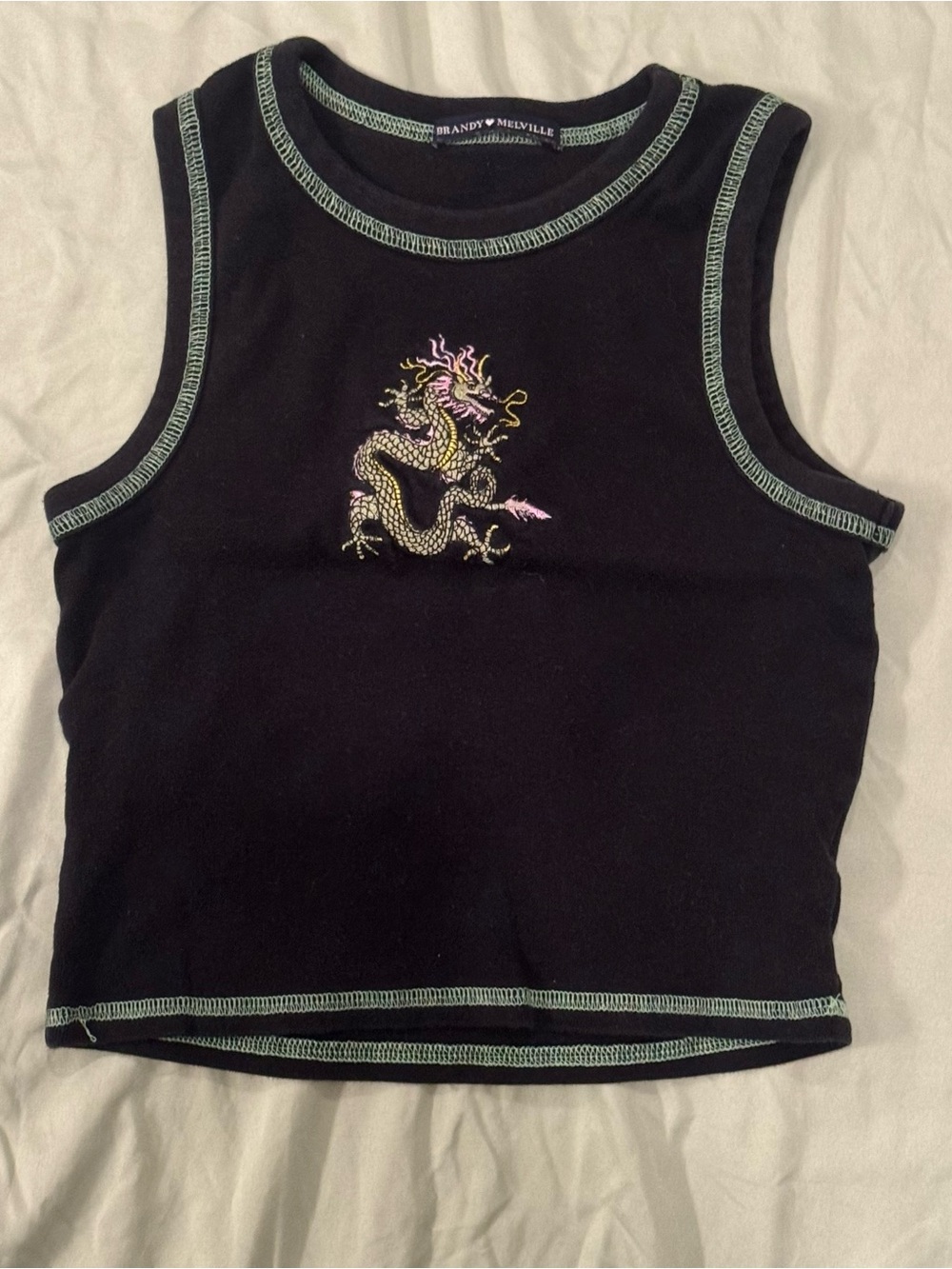 Brandy Melville Black Crop Top with Embroidered Dragon